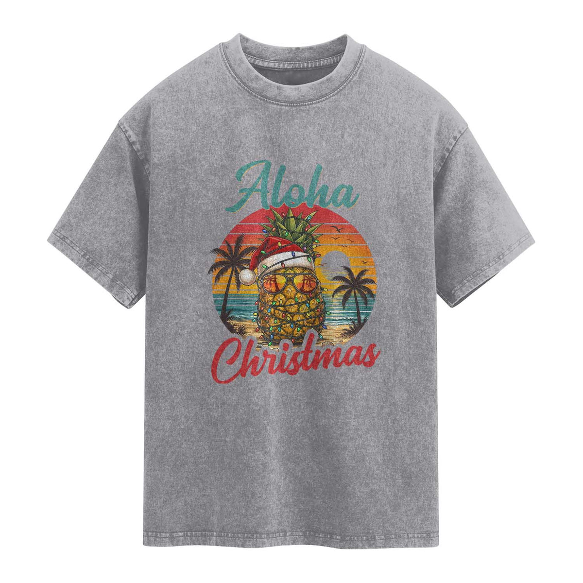 Aloha Tropical Pineapple Christmas Washed Cotton T-Shirt Vintage Beach Xmas Gift