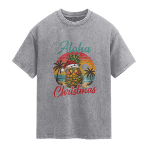 Aloha Tropical Pineapple Christmas Washed Cotton T-Shirt Vintage Beach Xmas Gift