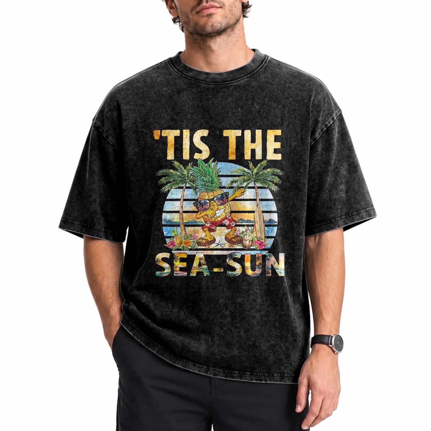 Tis The Sea Sun Washed Cotton T-Shirt Dabbing Pineapple Summer Vacation Gift