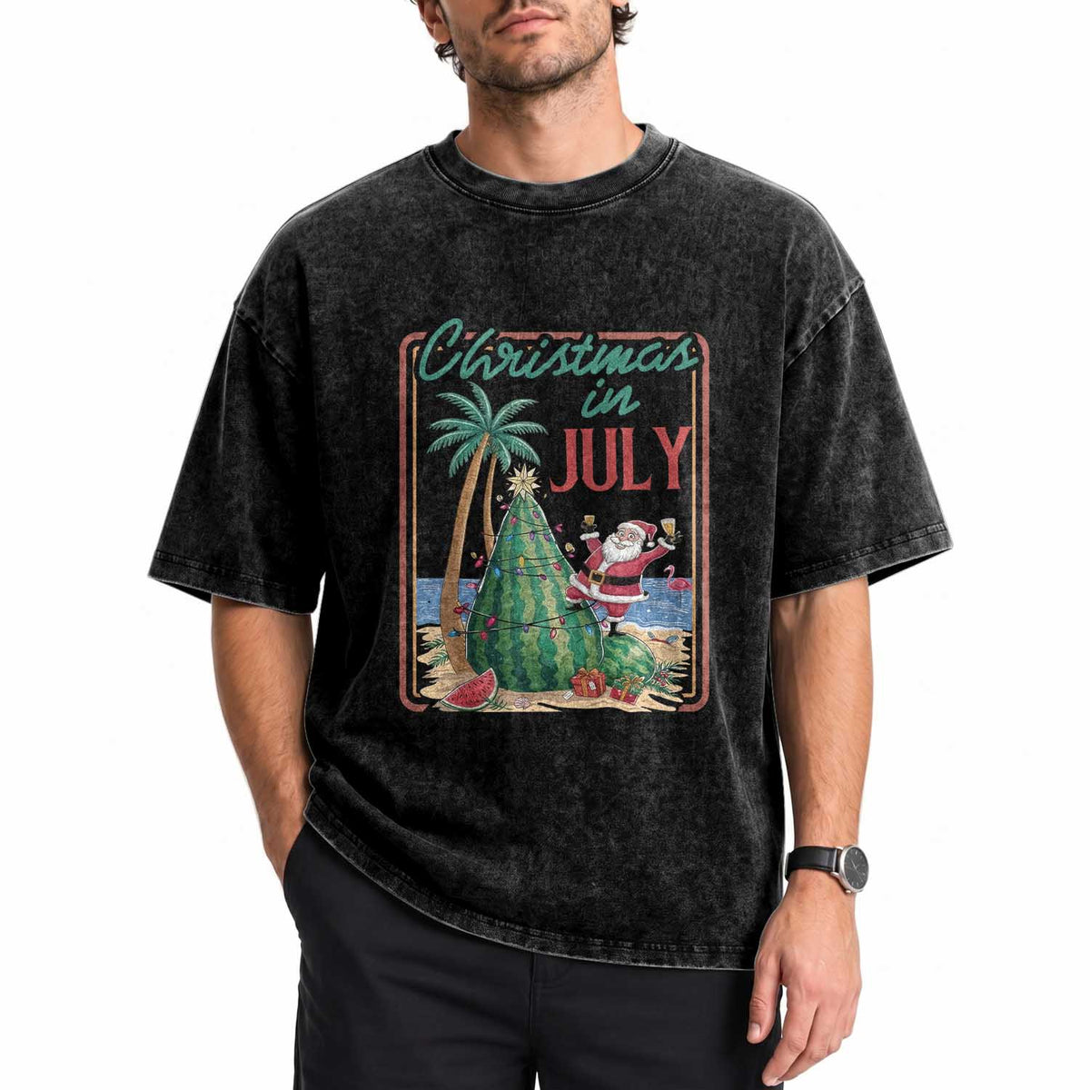 Christmas In July Washed Cotton T-Shirt Funny Santa Watermelon Xmas Tree