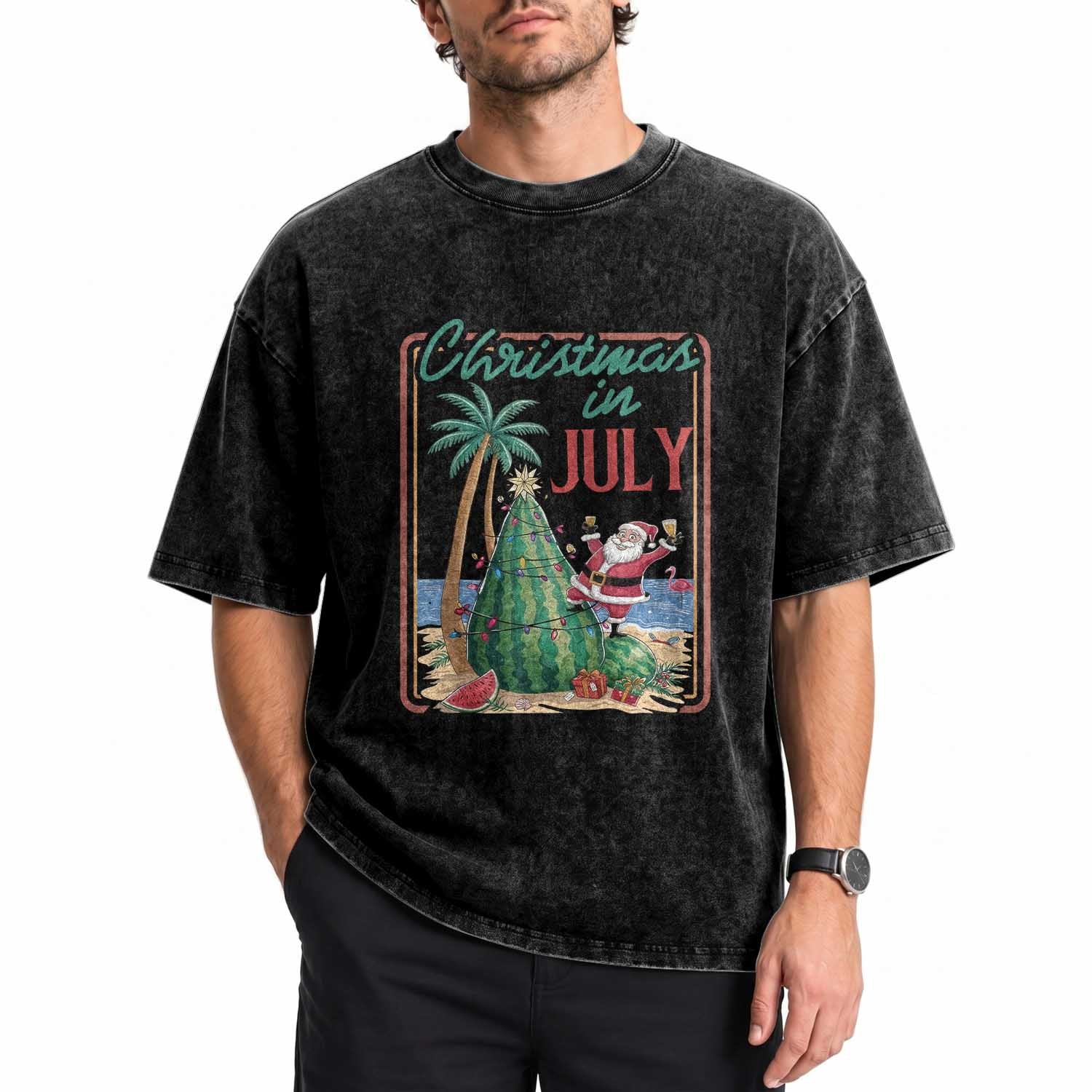 Christmas In July Washed Cotton T-Shirt Funny Santa Watermelon Xmas Tree