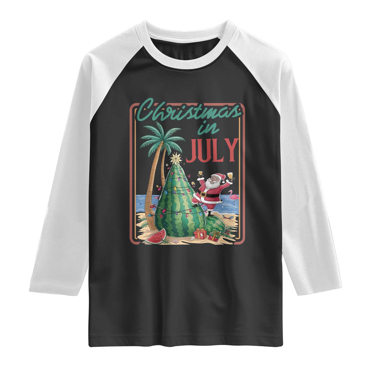 Christmas In July Raglan Shirt Funny Santa Watermelon Xmas Tree TS12 Black White Print Your Wear