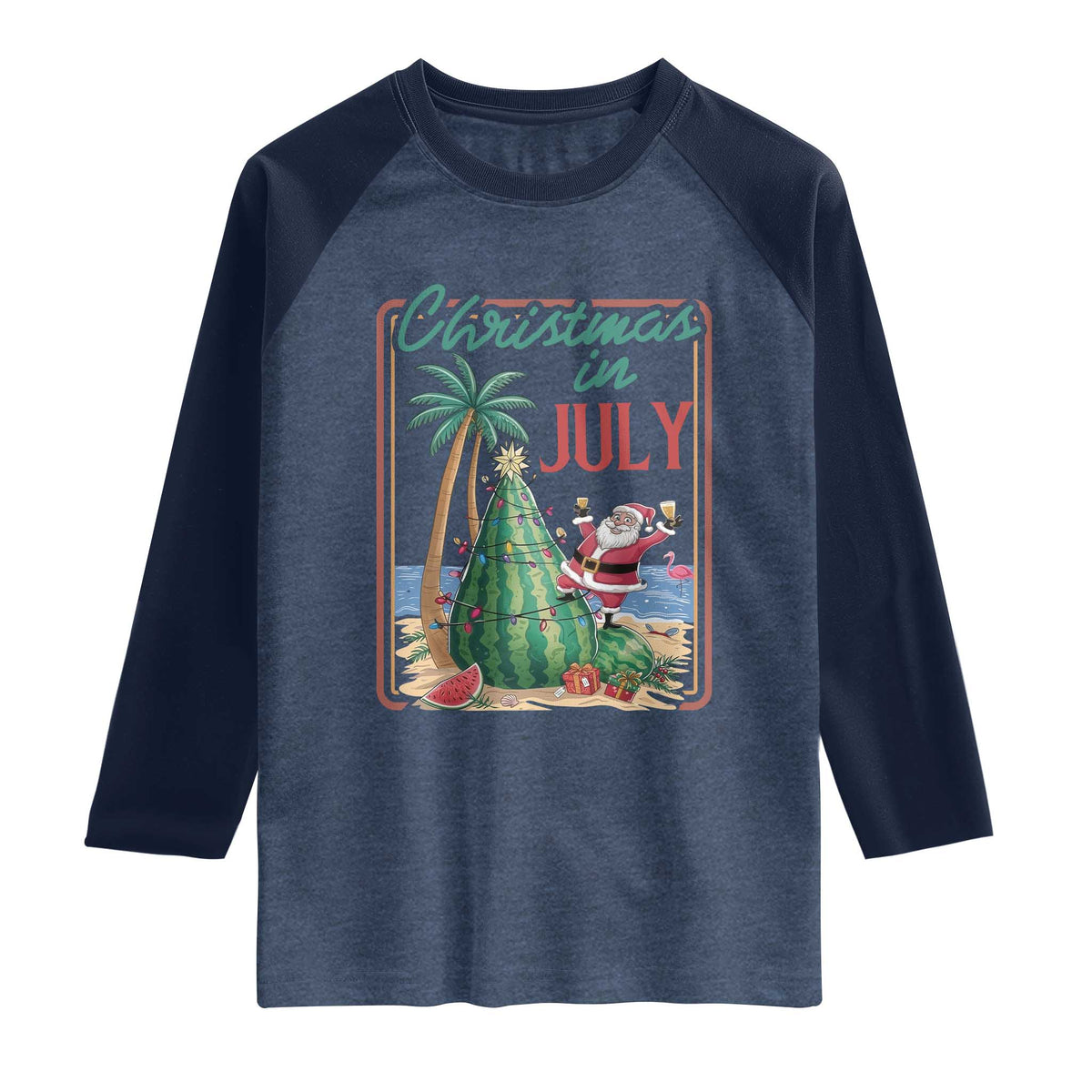 Christmas In July Raglan Shirt Funny Santa Watermelon Xmas Tree TS12 Heather Denim Navy Print Your Wear