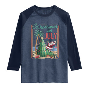 Christmas In July Raglan Shirt Funny Santa Watermelon Xmas Tree TS12 Heather Denim Navy Print Your Wear