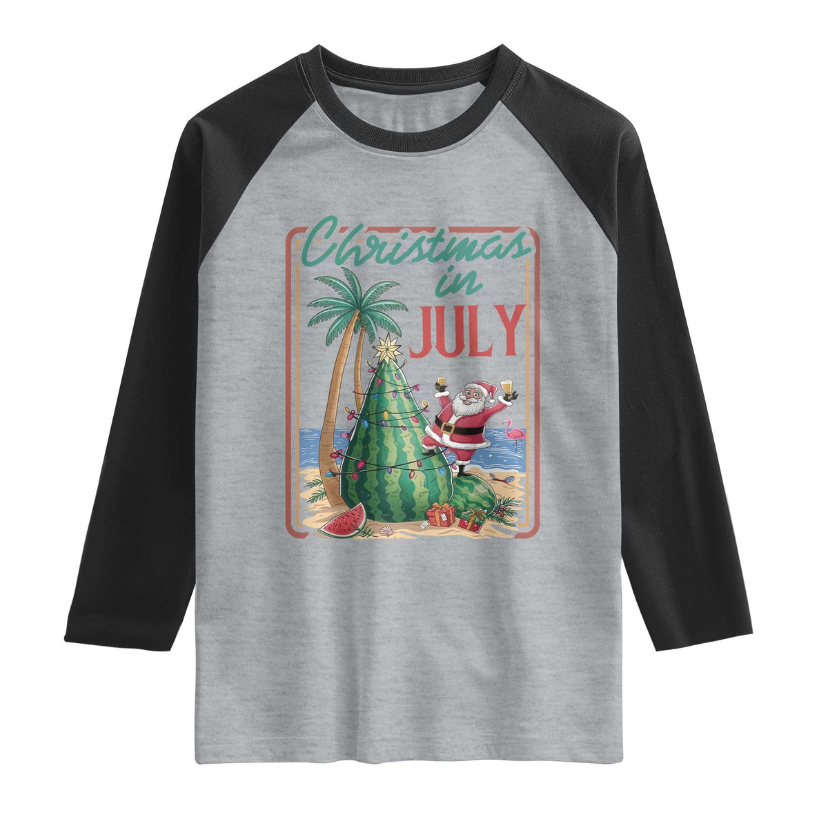 Christmas In July Raglan Shirt Funny Santa Watermelon Xmas Tree TS12 Heather Gray Black Print Your Wear
