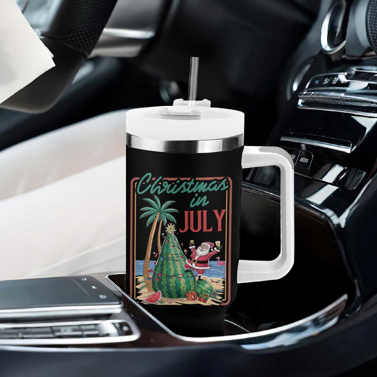 Christmas In July Tumbler With Handle Funny Santa Watermelon Xmas Tree TS12 Print Your Wear
