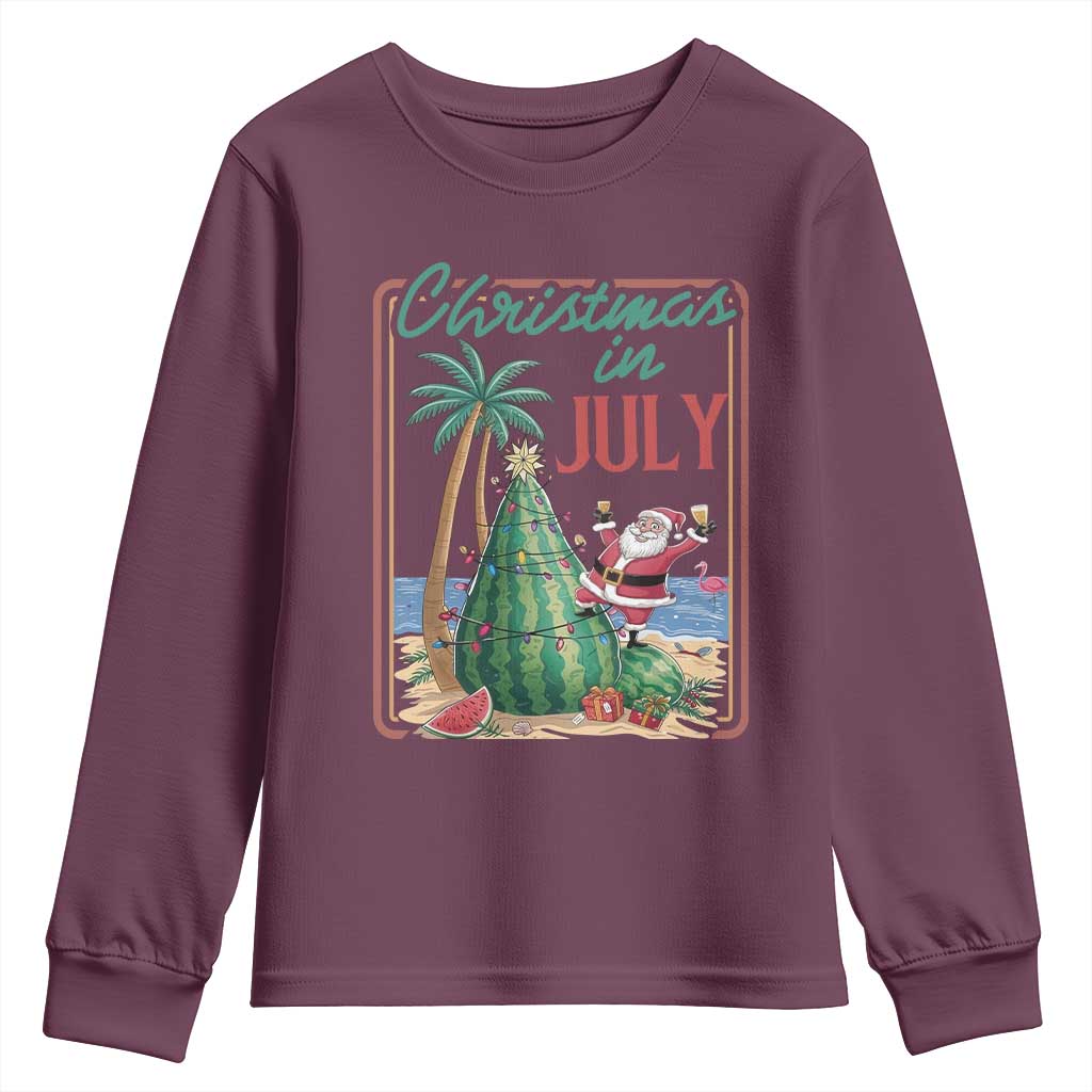 Christmas In July Youth Sweatshirt Funny Santa Watermelon Xmas Tree TS12 Maroon Print Your Wear