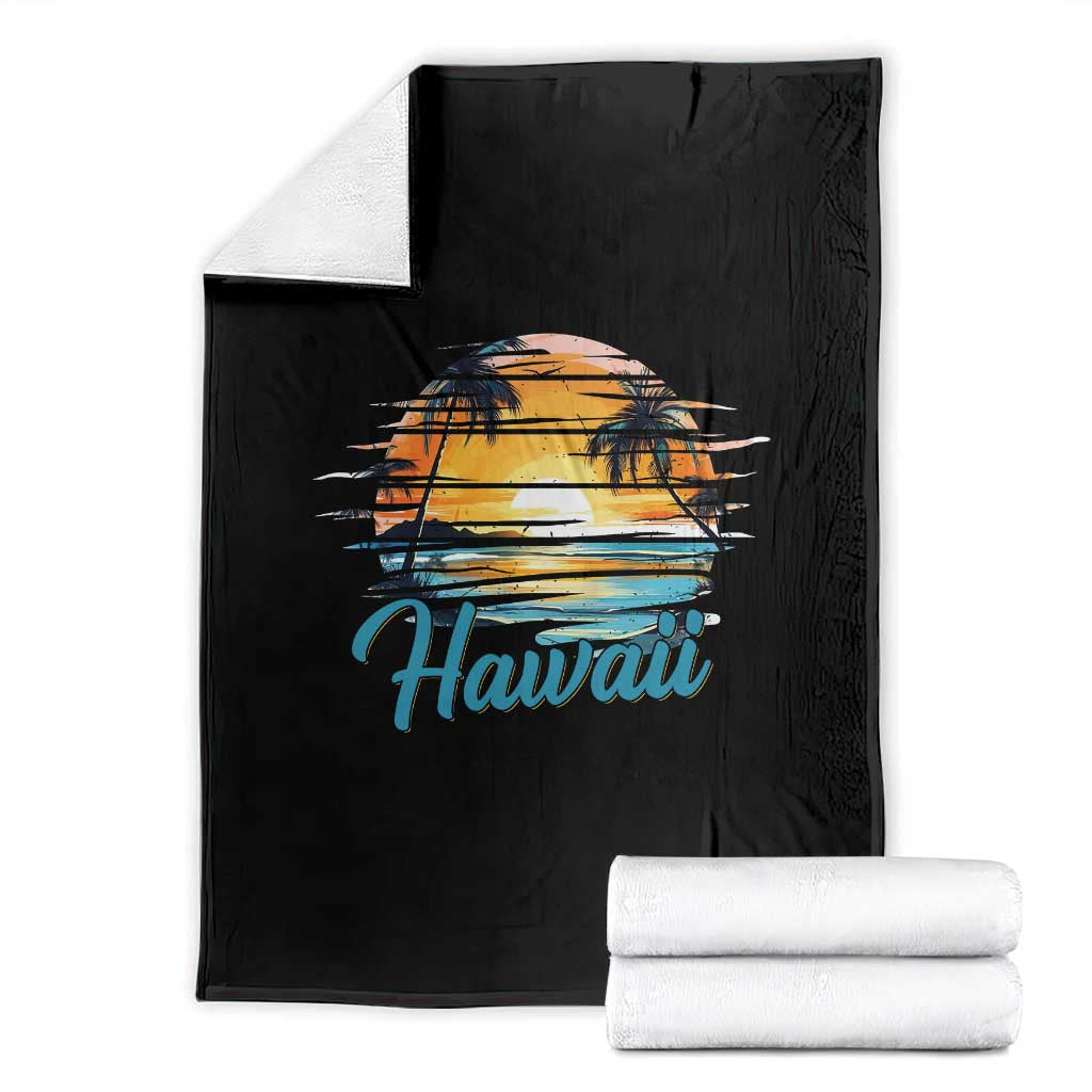 Retro Sunset Palm Tree Hawaii Throw Blanket Tropical Vacation Graphic TS12 Black Print Your Wear