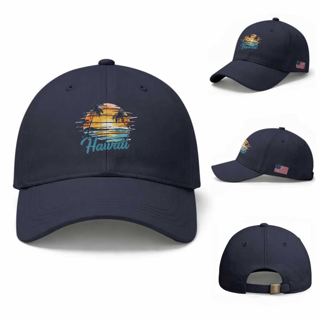 Retro Sunset Palm Tree Hawaii Baseball Cap Tropical Vacation Graphic TS12 Baseball Cap Universal Fit Navy Print Your Wear