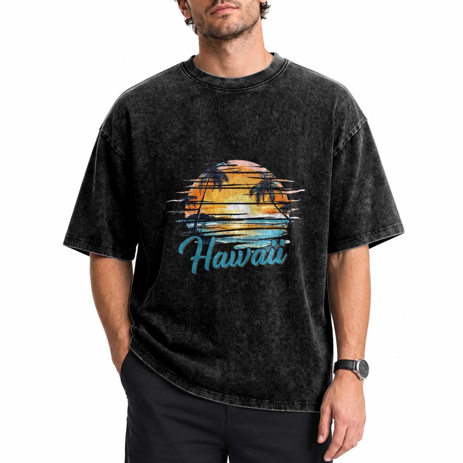 Retro Sunset Palm Tree Hawaii Washed Cotton T-Shirt Tropical Vacation Graphic