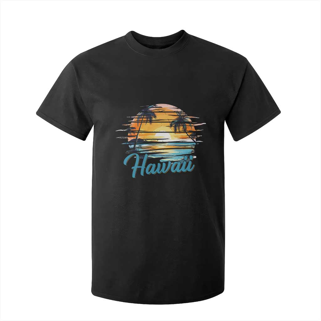 Retro Sunset Palm Tree Hawaii T Shirt For Kid Tropical Vacation Graphic TS12 Black Print Your Wear