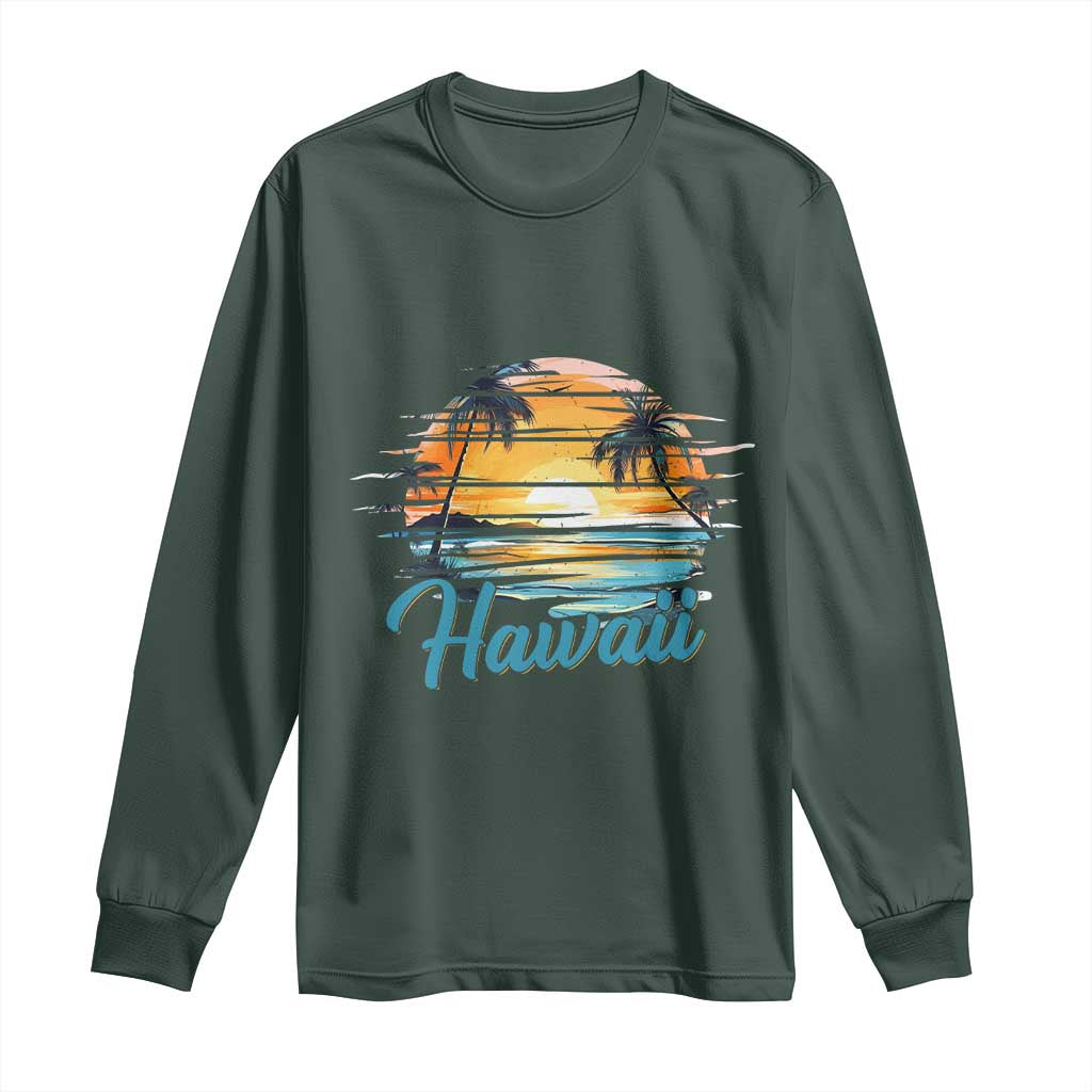 Retro Sunset Palm Tree Hawaii Long Sleeve Shirt Tropical Vacation Graphic TS12 Dark Forest Green Print Your Wear