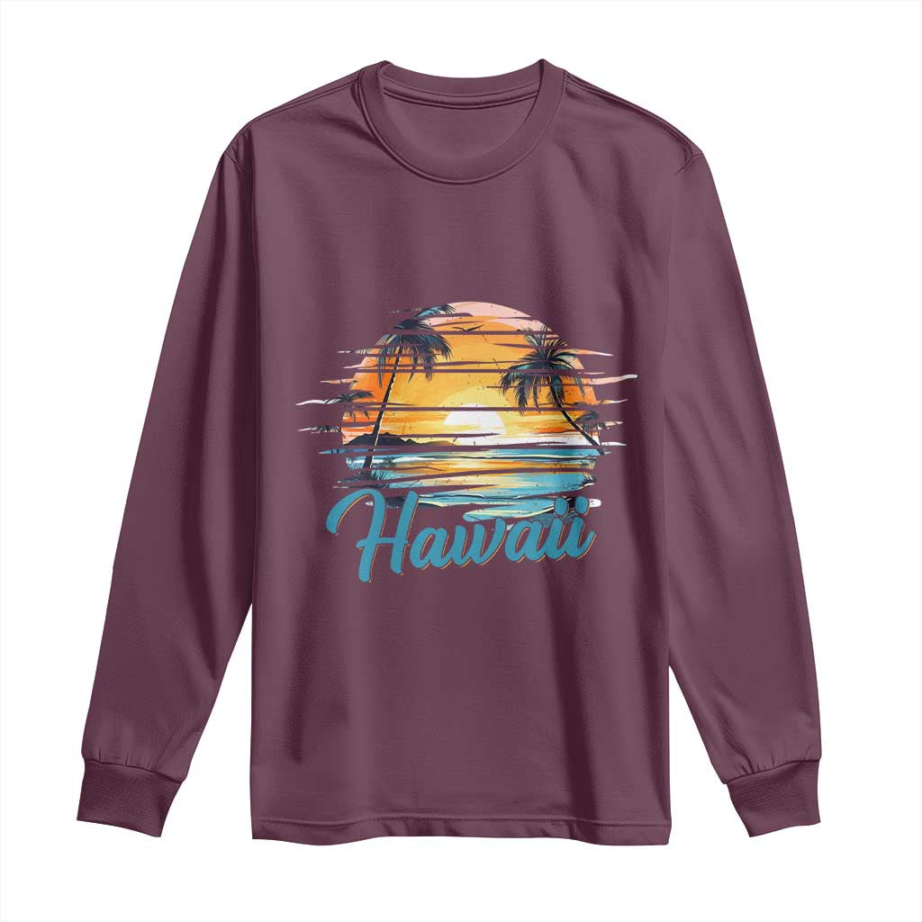 Retro Sunset Palm Tree Hawaii Long Sleeve Shirt Tropical Vacation Graphic TS12 Maroon Print Your Wear