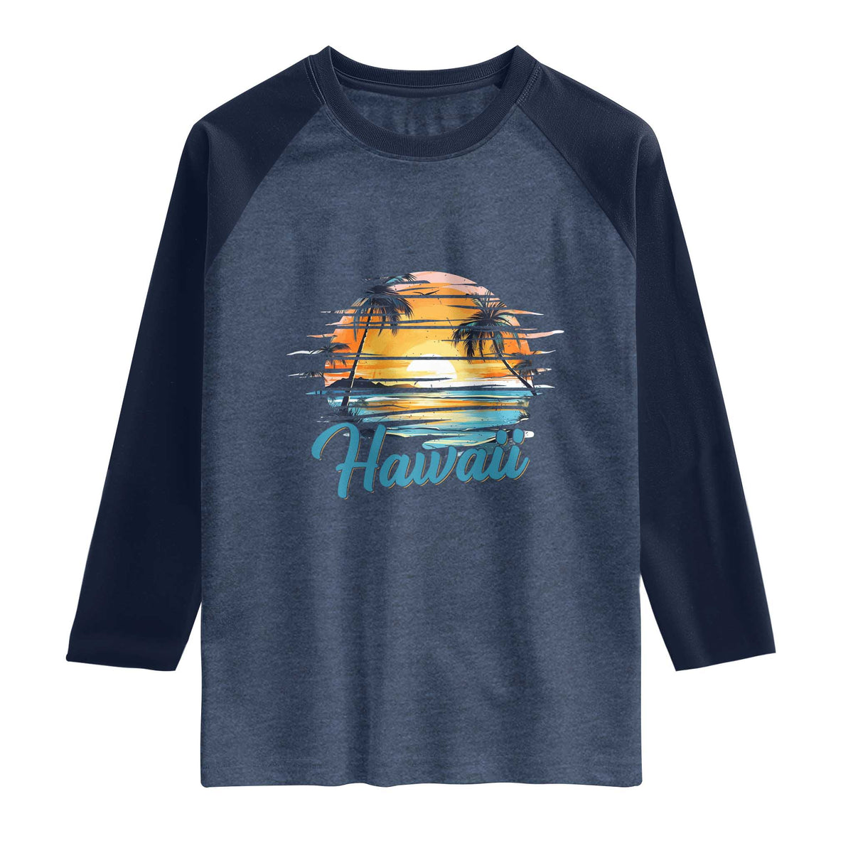 Retro Sunset Palm Tree Hawaii Raglan Shirt Tropical Vacation Graphic TS12 Heather Denim Navy Print Your Wear