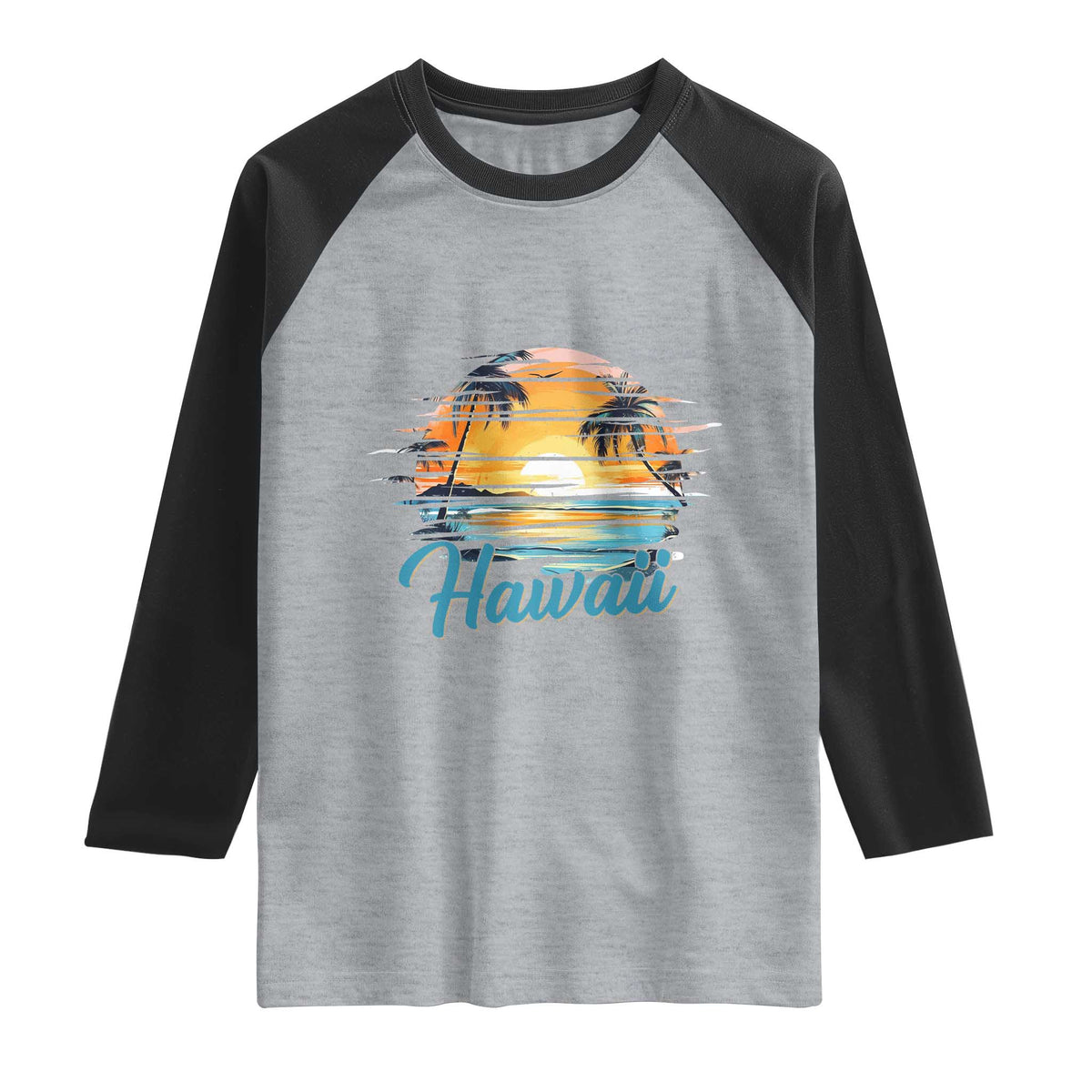Retro Sunset Palm Tree Hawaii Raglan Shirt Tropical Vacation Graphic TS12 Heather Gray Black Print Your Wear