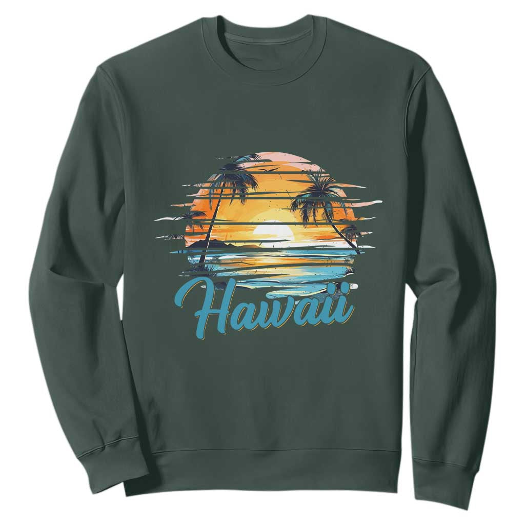 Retro Sunset Palm Tree Hawaii Sweatshirt Tropical Vacation Graphic TS12 Dark Forest Green Print Your Wear