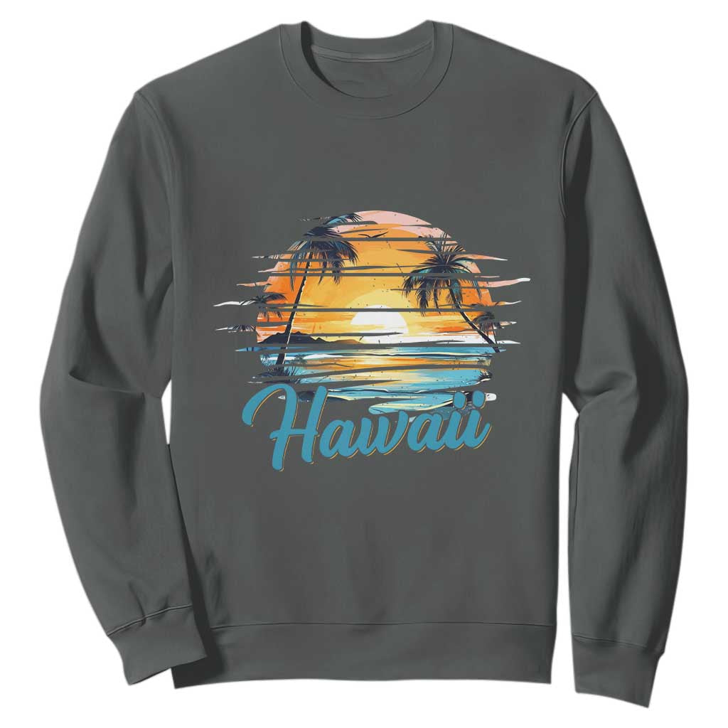 Retro Sunset Palm Tree Hawaii Sweatshirt Tropical Vacation Graphic TS12 Dark Heather Print Your Wear