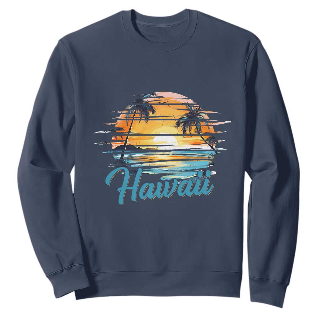 Retro Sunset Palm Tree Hawaii Sweatshirt Tropical Vacation Graphic TS12 Navy Print Your Wear
