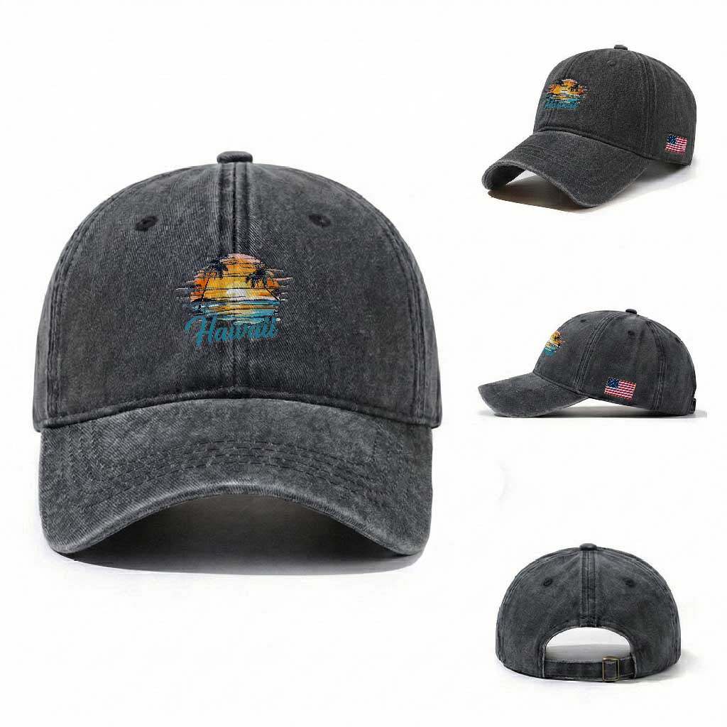 Retro Sunset Palm Tree Hawaii Washed Cotton Baseball Cap Tropical Vacation Graphic TS12 Washed Cap Universal Fit Dark Gray Print Your Wear