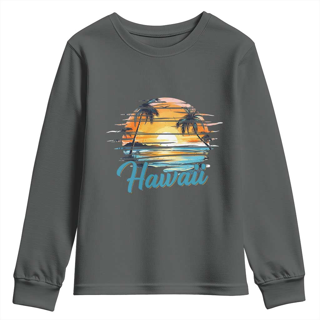 Retro Sunset Palm Tree Hawaii Youth Sweatshirt Tropical Vacation Graphic TS12 Dark Heather Print Your Wear