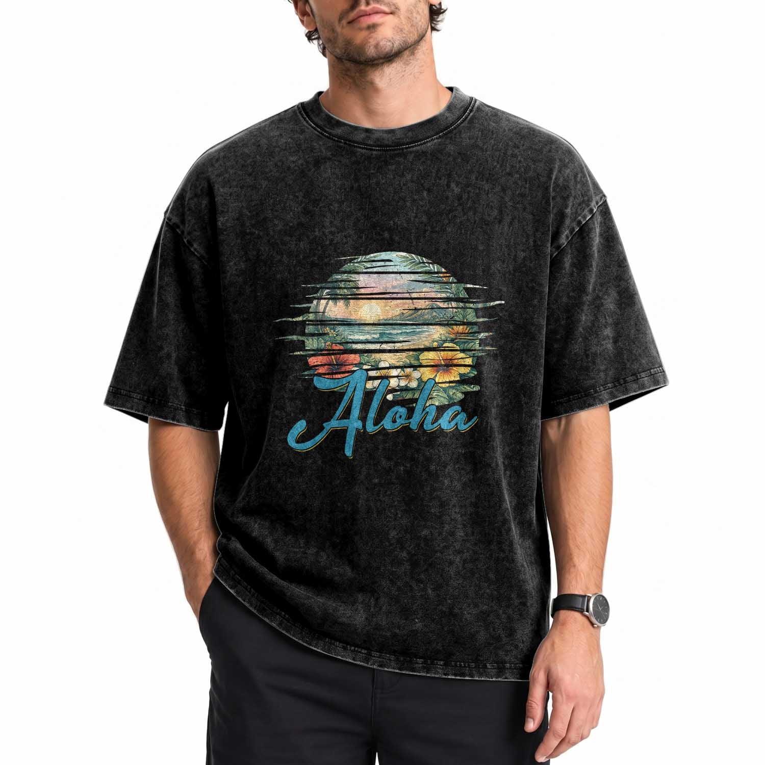 Vintage Hawaii Hibiscus Floral Washed Cotton T-Shirt Tropical Beach Vacation Graphic