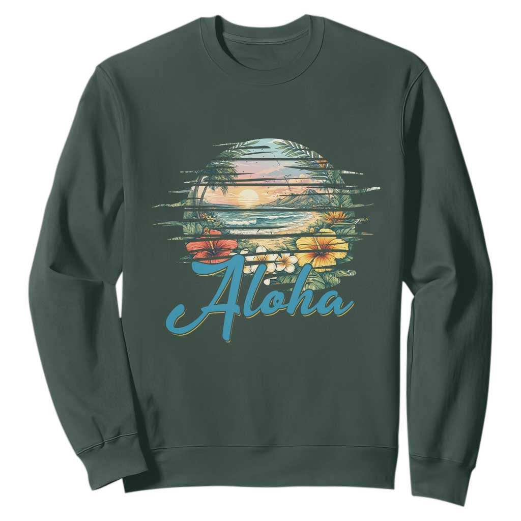 Vintage Hawaii Hibiscus Floral Sweatshirt Tropical Beach Vacation Graphic TS12 Dark Forest Green Print Your Wear