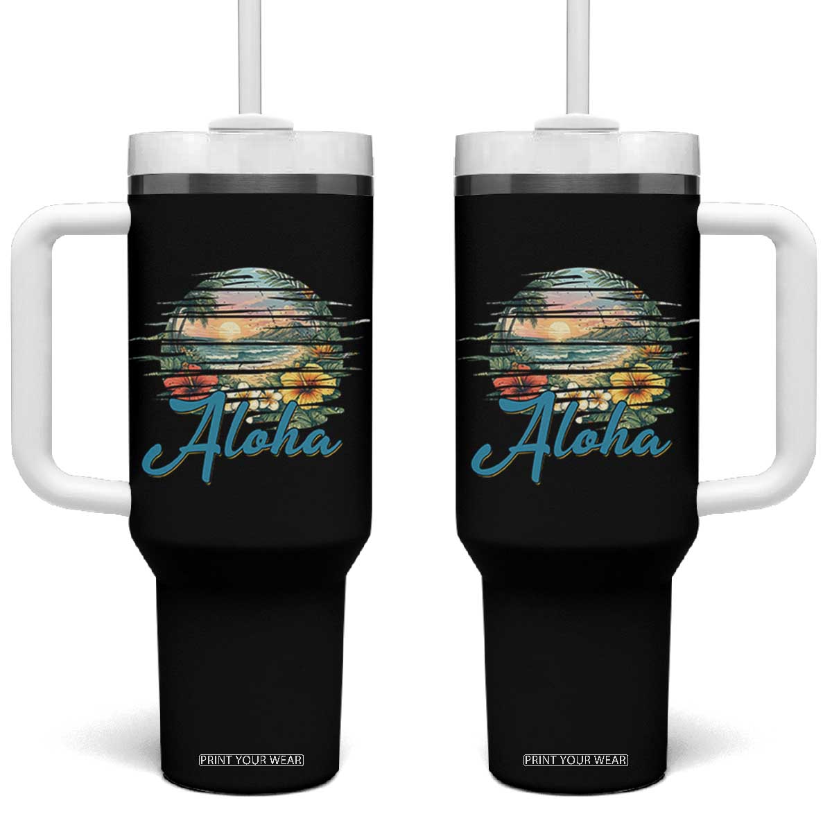 Vintage Hawaii Hibiscus Floral Tumbler With Handle Tropical Beach Vacation Graphic TS12 One Size: 40 oz Black Print Your Wear