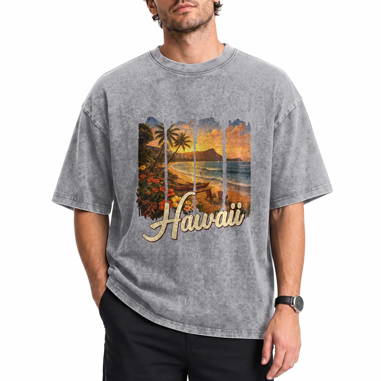 Vintage Hawaii Beach Travel Washed Cotton T-Shirt Sunset Ocean Landscape