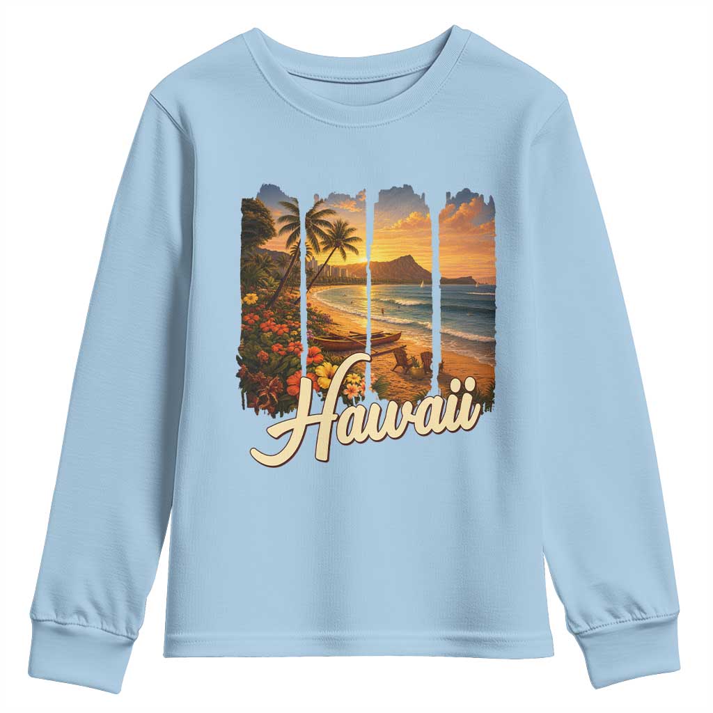 Vintage Hawaii Beach Travel Youth Sweatshirt Sunset Ocean Landscape TS12 Light Blue Print Your Wear