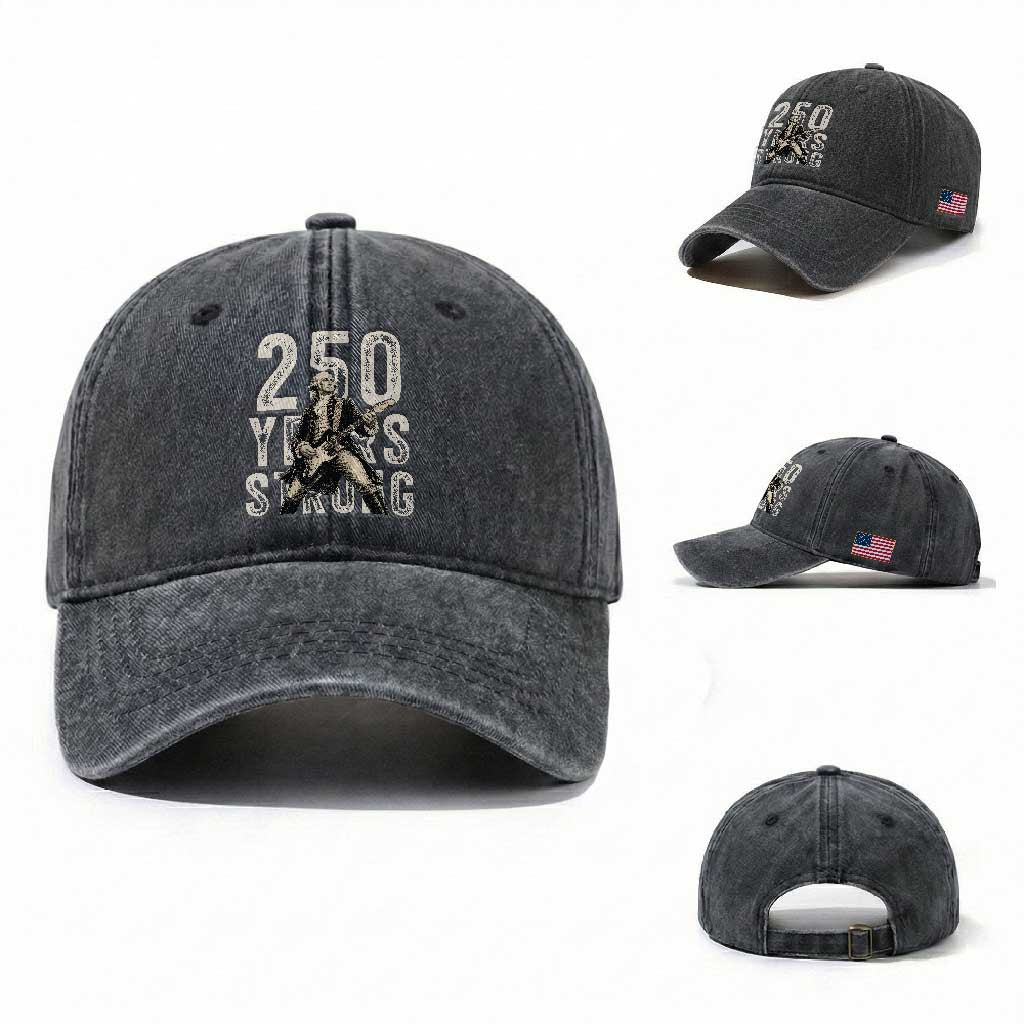 Vintage George Washington Playing Guitar Washed Cotton Baseball Cap 250 Years Strong TS12 Washed Cap Universal Fit Dark Gray Print Your Wear