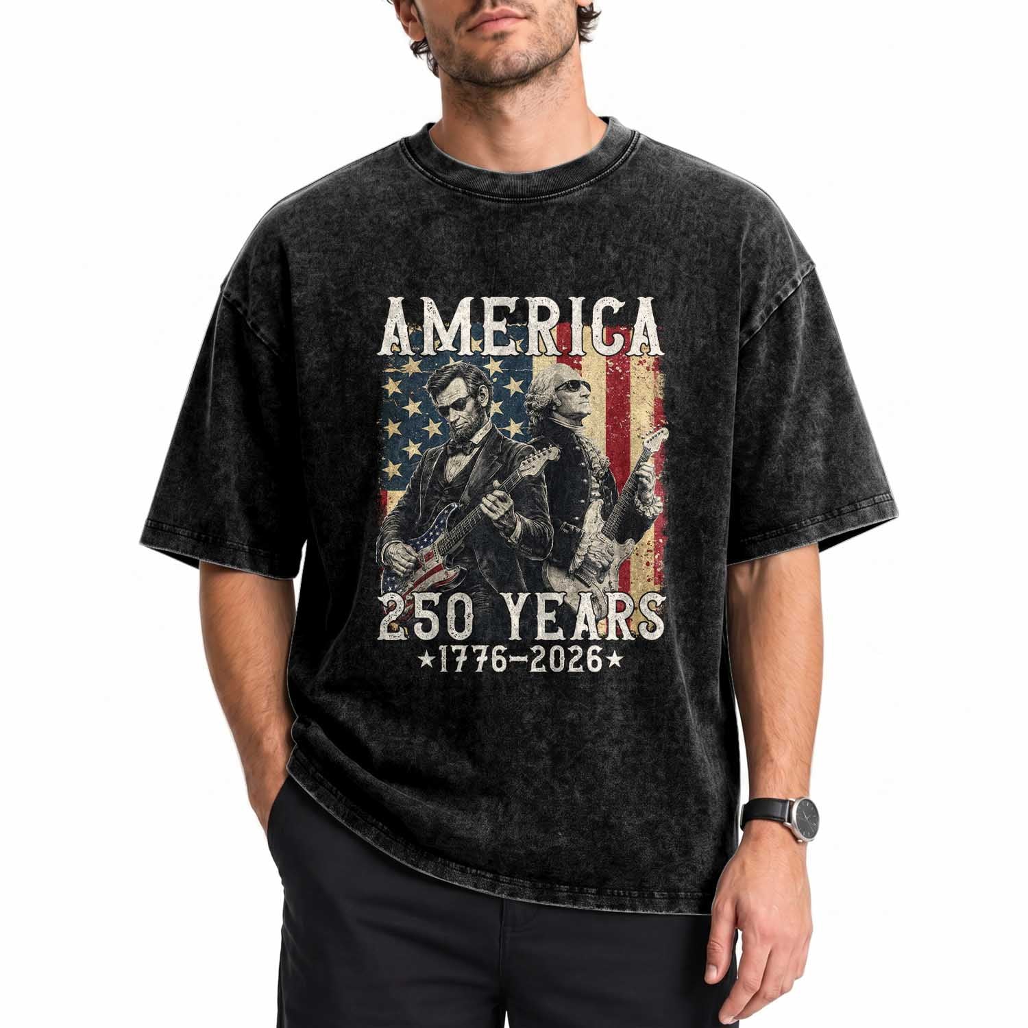 George Washington Abe Lincoln Playing Guitar Washed Cotton T-Shirt USA 250th Anniversary Guitarist Graphic