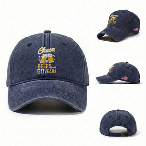 60th Birthday Party Gift Washed Cotton Baseball Cap Cheers Beers To My 60 Years TS12 Washed Cap Universal Fit Navy Print Your Wear