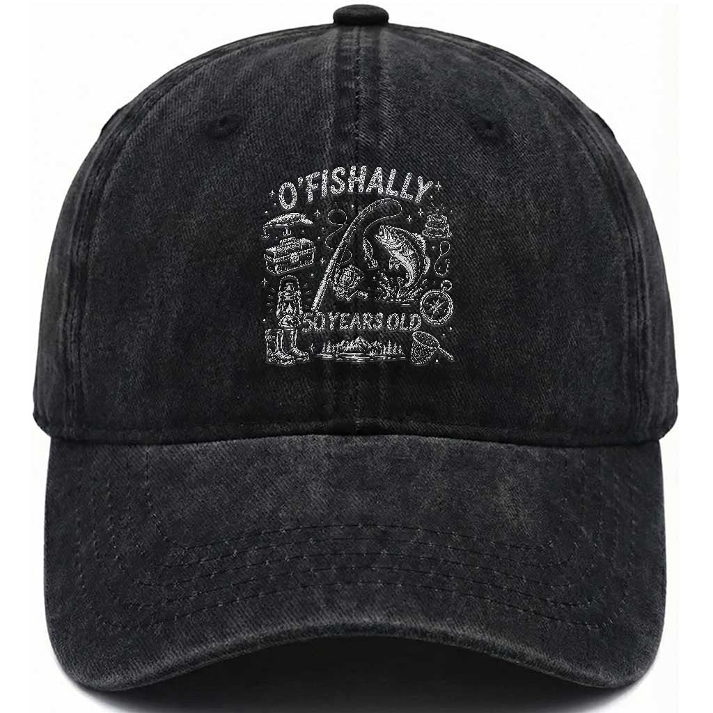O'Fishally 50 Years Old Washed Cotton Baseball Cap Funny Fisherman Birthday Graphic TS12 Print Your Wear