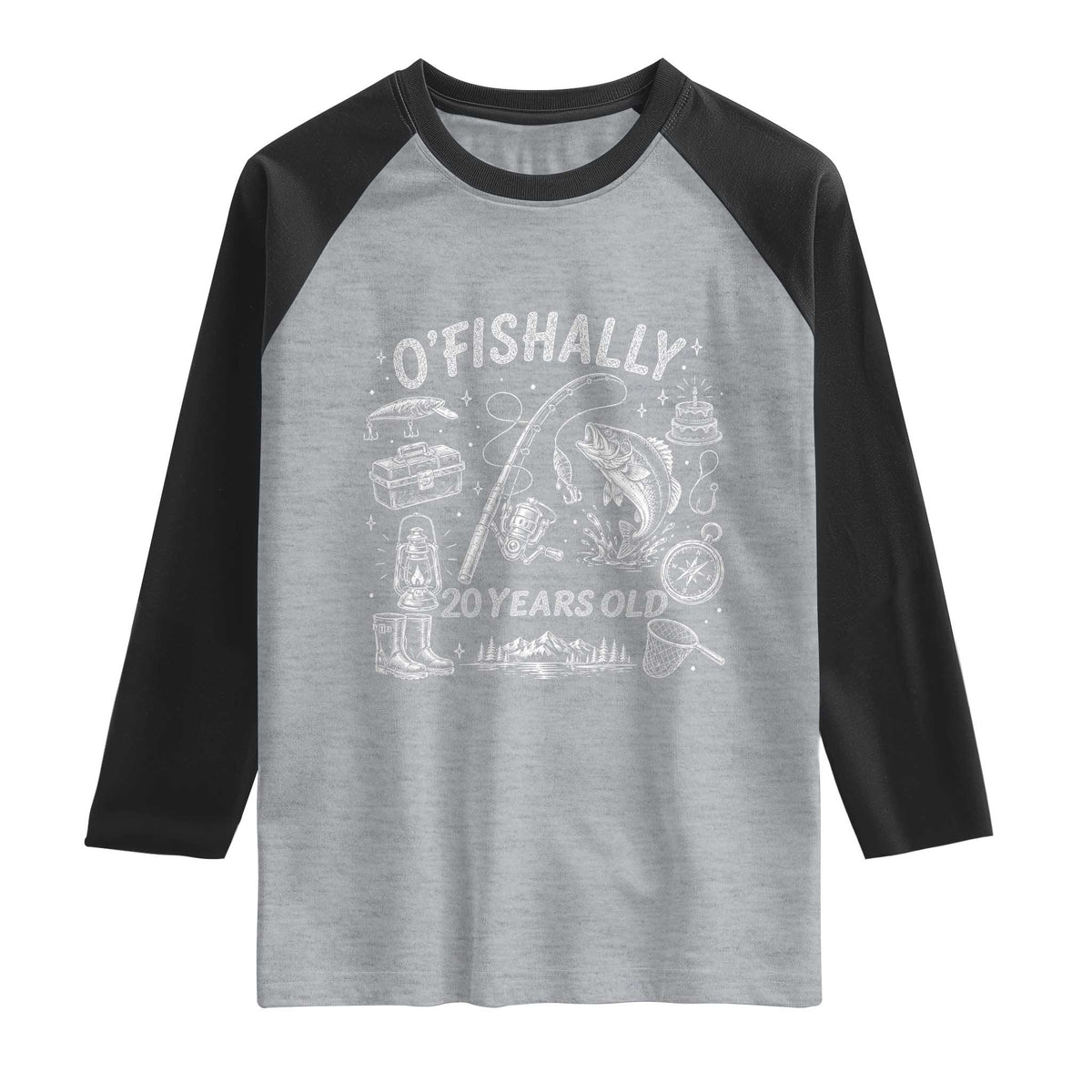 O'Fishally 20 Years Old Raglan Shirt Funny Fisherman Birthday Graphic TS12 Heather Gray Black Print Your Wear