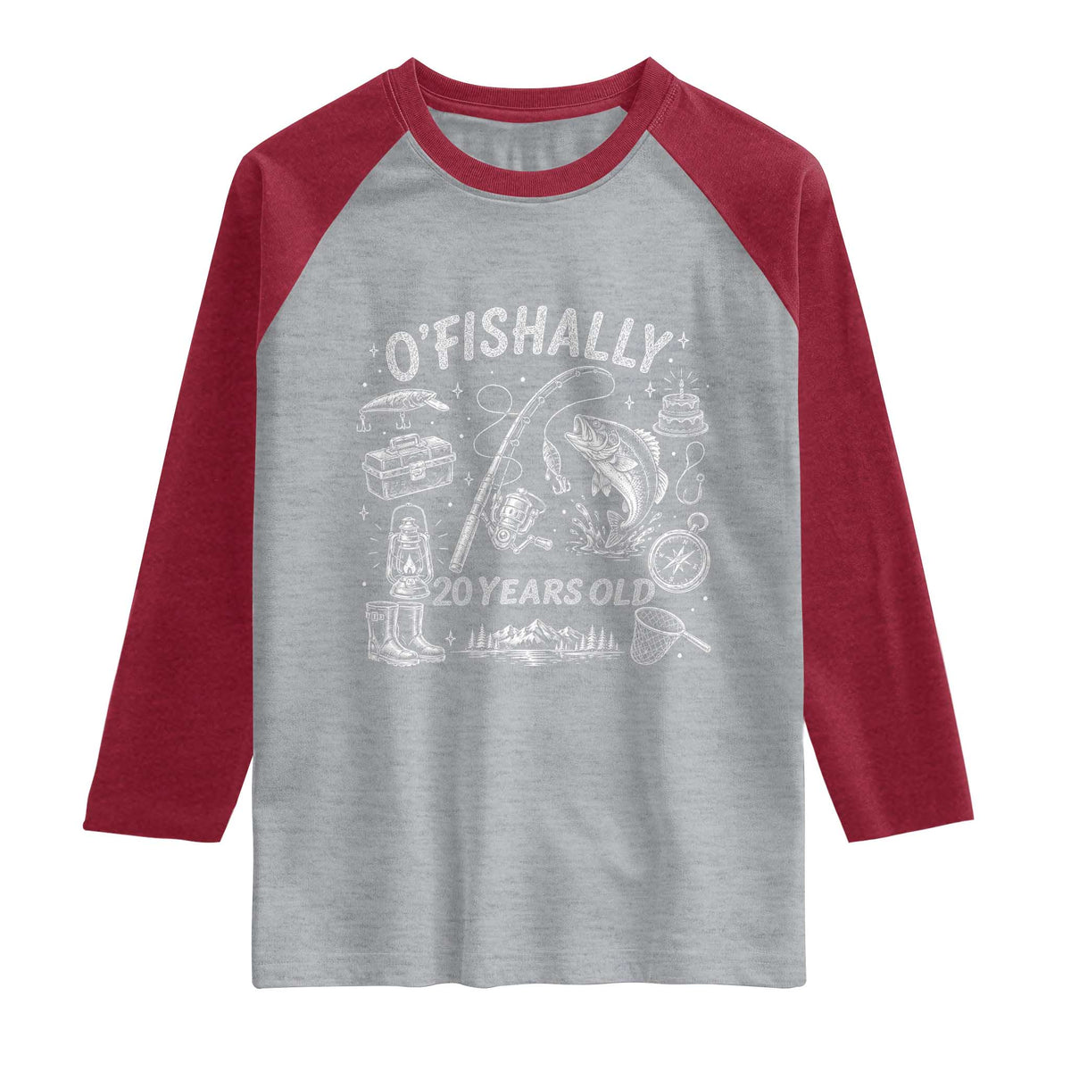 O'Fishally 20 Years Old Raglan Shirt Funny Fisherman Birthday Graphic TS12 Heather Gray Heather Red Print Your Wear