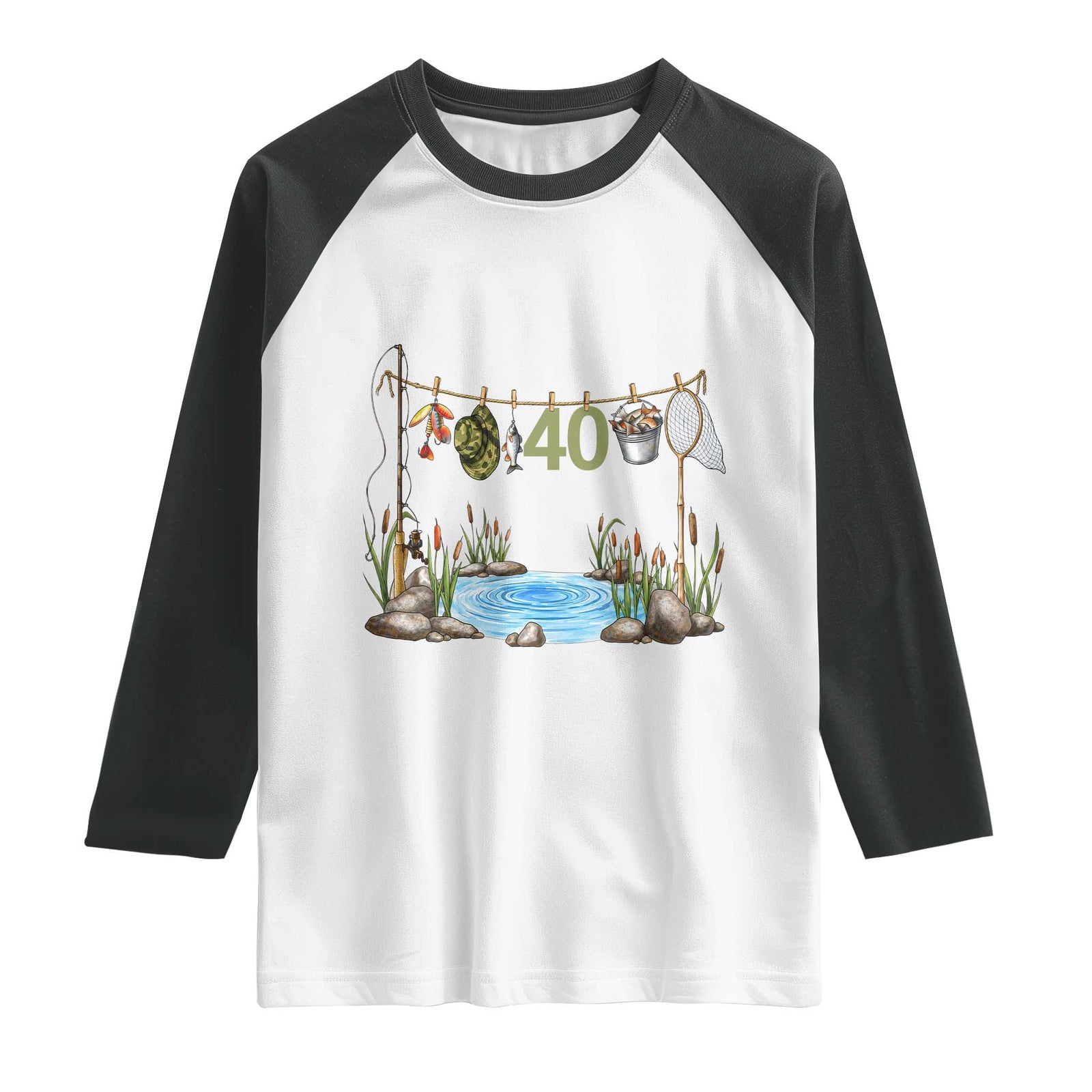 40th Birthday Fishing Raglan Shirt Fisherman Birthday Party Gift TS12 White Black Print Your Wear