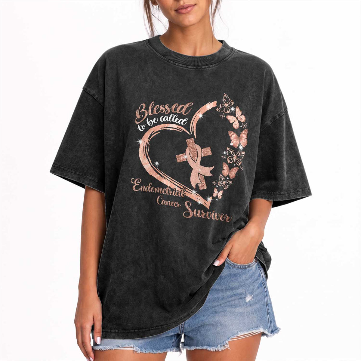 Endometrial Cancer Warrior Gift Washed Cotton T-Shirt Blessed To Be Called A Survivor