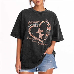 Endometrial Cancer Warrior Gift Washed Cotton T-Shirt Blessed To Be Called A Survivor