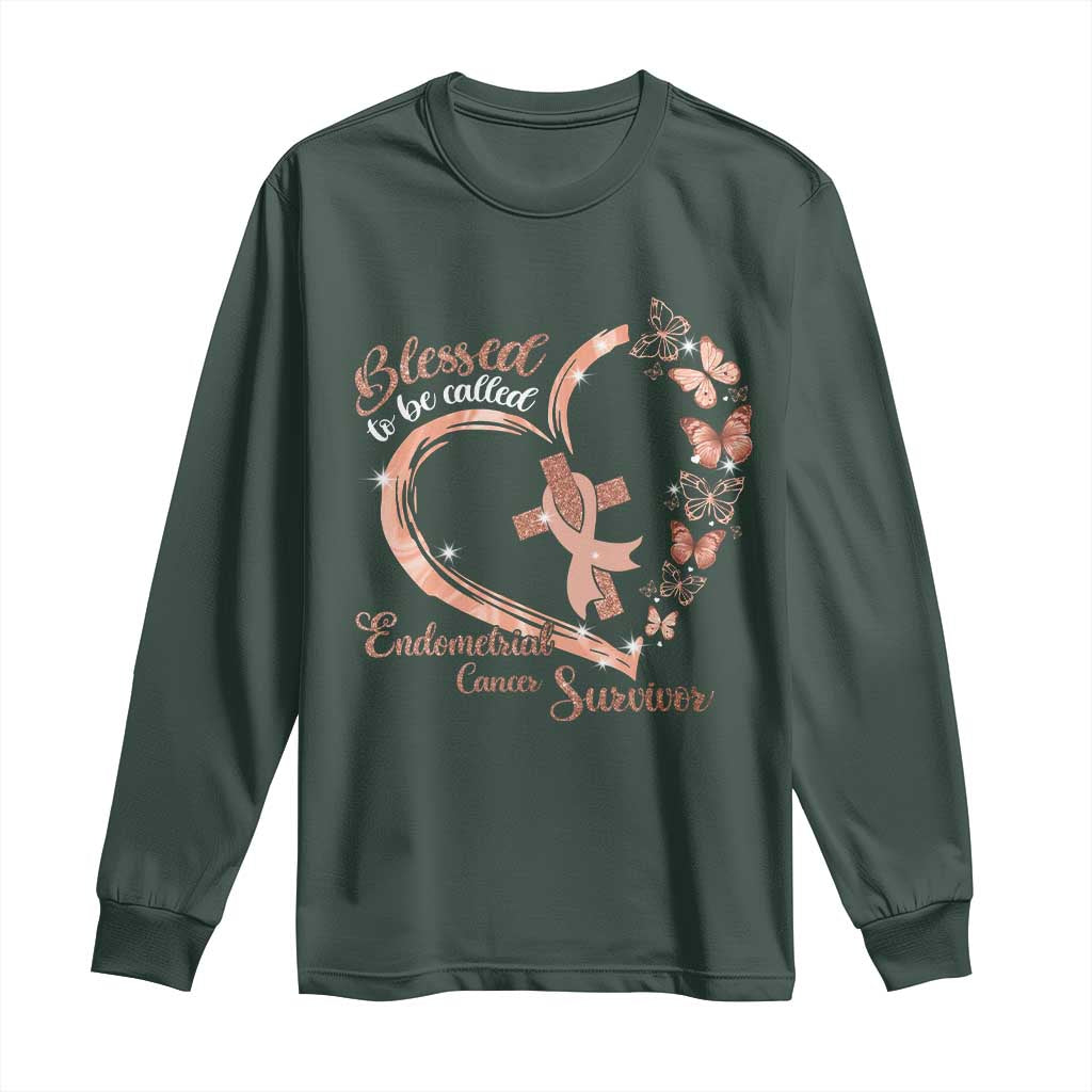Endometrial Cancer Warrior Gift Long Sleeve Shirt Blessed To Be Called A Survivor TS12 Dark Forest Green Print Your Wear