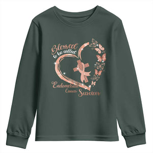 Endometrial Cancer Warrior Gift Youth Sweatshirt Blessed To Be Called A Survivor TS12 Dark Forest Green Print Your Wear