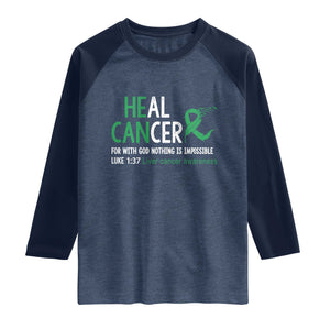 Heal Cancer Nothing Is Impossible With God Raglan Shirt Liver Cancer Support Gift TS12 Heather Denim Navy Print Your Wear