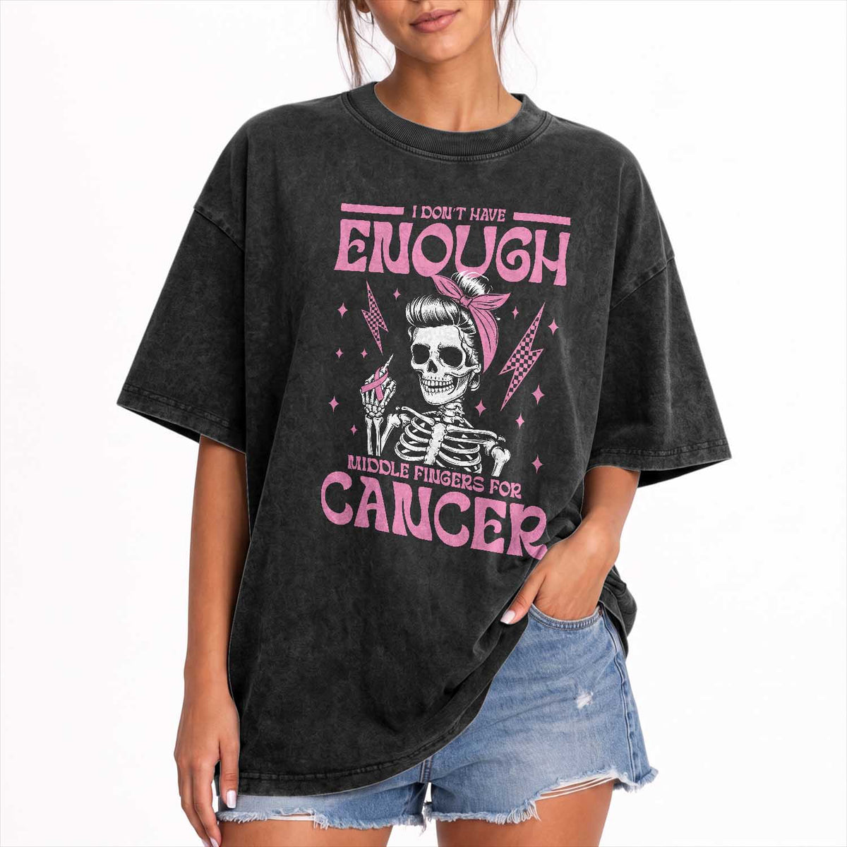 Funny Skeleton Breast Cancer Washed Cotton T-Shirt I Dont Have Enough Middle Fingers