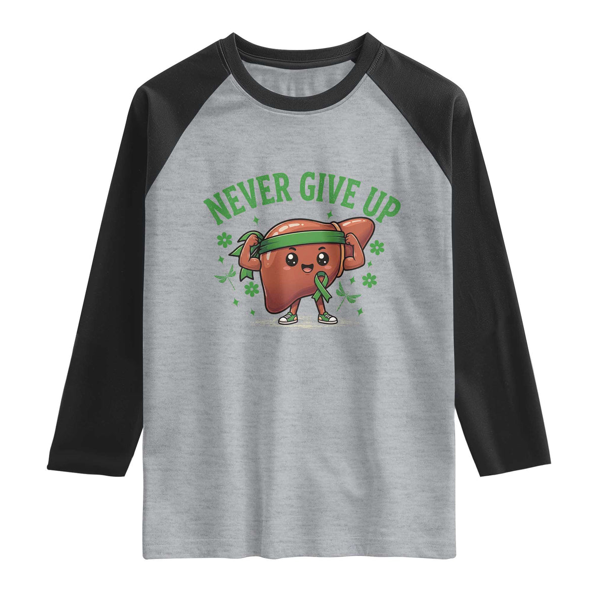 Liver Cancer Awareness Transplant Support Raglan Shirt Never Give Up Nurse Gift TS12 Heather Gray Black Print Your Wear