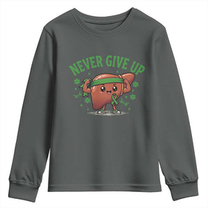 Liver Cancer Awareness Transplant Support Youth Sweatshirt Never Give Up Nurse Gift TS12 Dark Heather Print Your Wear