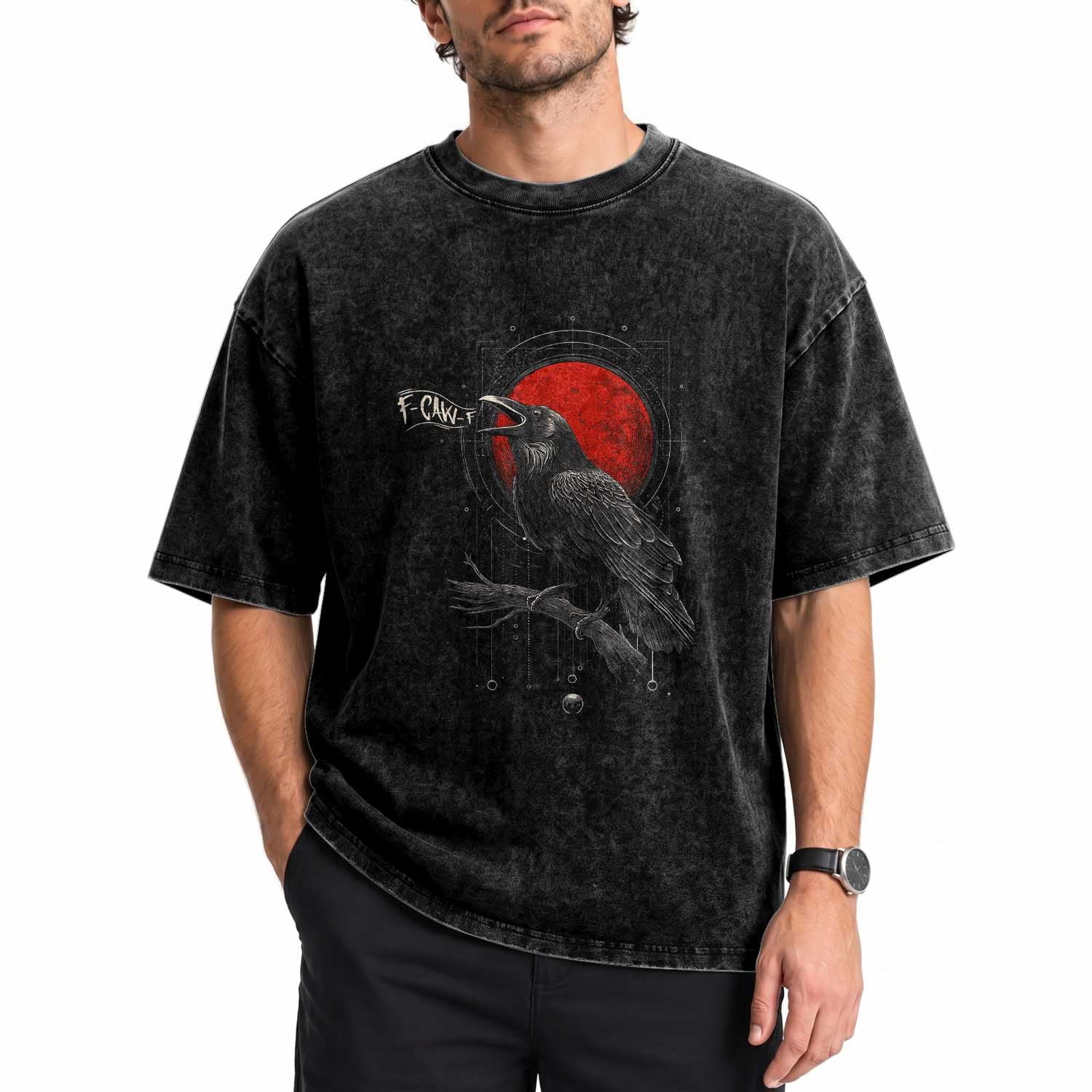 Horror Raven Washed Cotton T-Shirt F Caw F Gothic Blood Moon Halloween