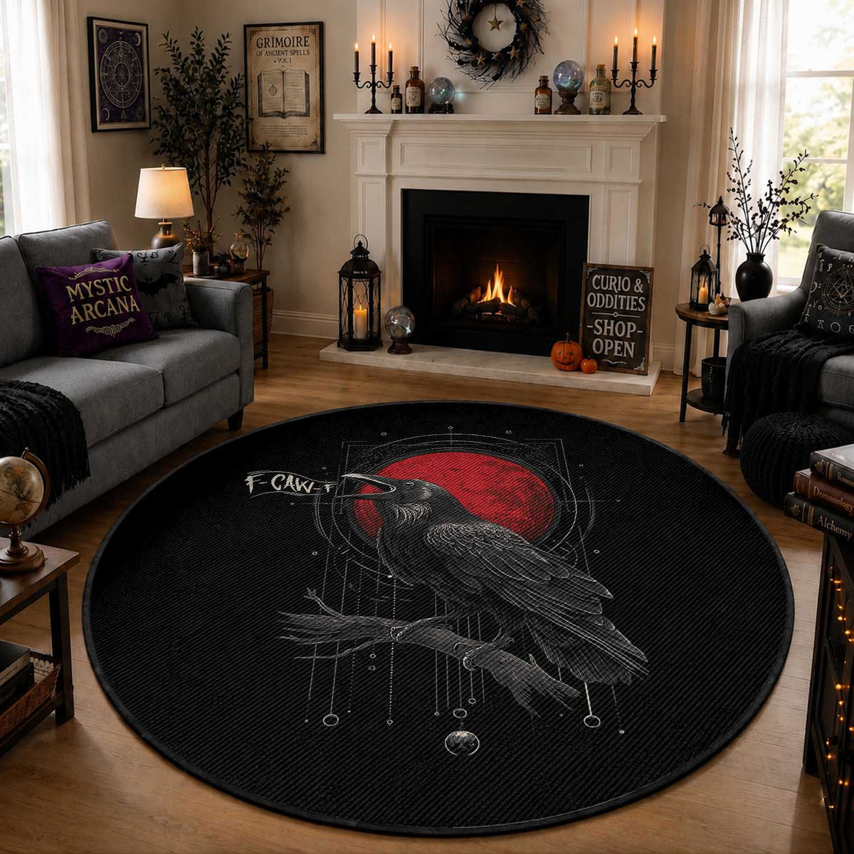 Horror Raven Round Rug F Caw F Gothic Blood Moon Halloween