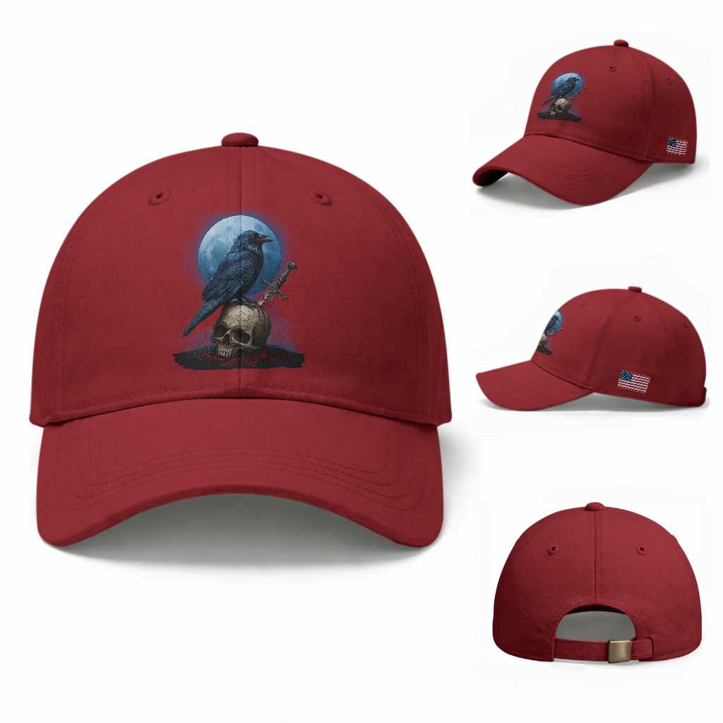 Horror Raven On Skull Baseball Cap Full Moon Gothic Art TS12 Baseball Cap Universal Fit Cherry Red Print Your Wear