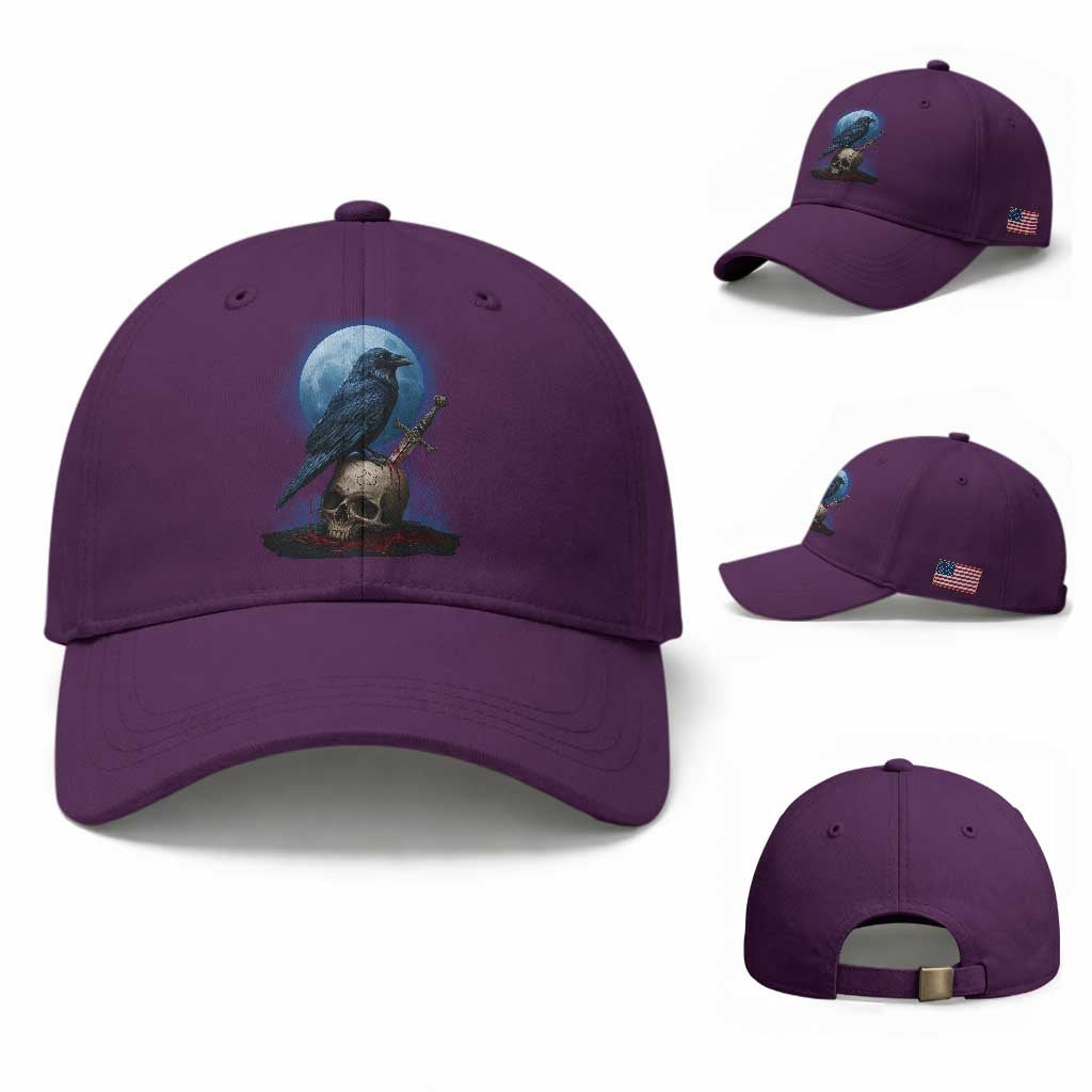 Horror Raven On Skull Baseball Cap Full Moon Gothic Art TS12 Baseball Cap Universal Fit Purple Print Your Wear