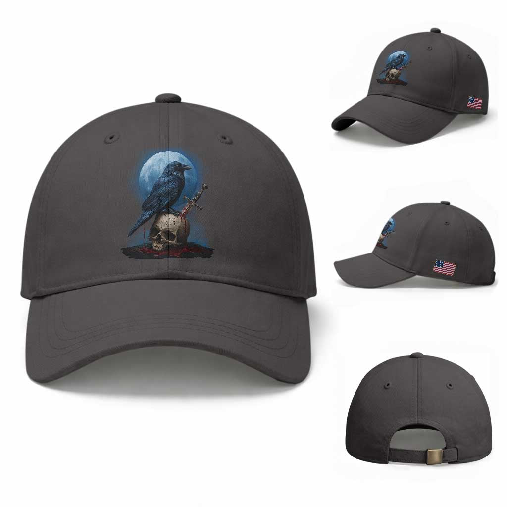 Horror Raven On Skull Baseball Cap Full Moon Gothic Art TS12 Baseball Cap Universal Fit Dark Gray Print Your Wear