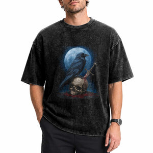 Horror Raven On Skull Washed Cotton T-Shirt Full Moon Gothic Art